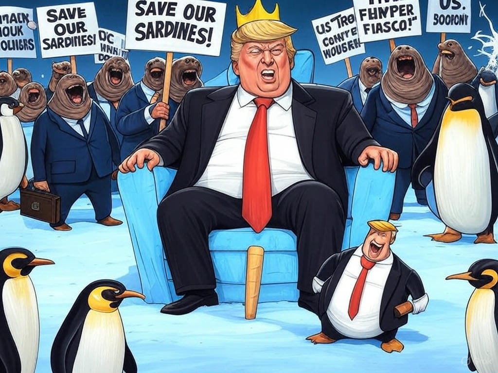 hilarious, over-the-top cartoon scene set on a quirky, icy Penguin Island on April 5, 2025, reacting to Trump’s absurd 25% tariff on their fish exports. Picture a flustered group of penguins in tiny tuxedos, waddling in panic, holding protest signs with slogans like ‘Save Our Sardines!’ and ‘Trump’s Flipper Fiasco!’ in bold, wobbly letters. In the background, show a golden-haired Donald Trump caricature perched on a throne made of ice cream cones, wearing a comically oversized red tie and a crown tilted sideways, waving a giant Sharpie labeled ‘Tariff Tool.’ Surround him with confused walruses in business suits, holding briefcases labeled ‘U.S. Economy,’ while a news van with a banner reading ‘Penguin Trade War’ broadcasts the chaos. Add absurd details: a penguin slipping on a fish, a melting ‘Made in America’ sign, and a TV screen showing Trump tweeting ‘BEST TARIFFS EVER!’ with penguin emojis. Style it with a bright, exaggerated comic book aesthetic, full of bold colors and slapstick energy, to highlight the ridiculousness of the situation.