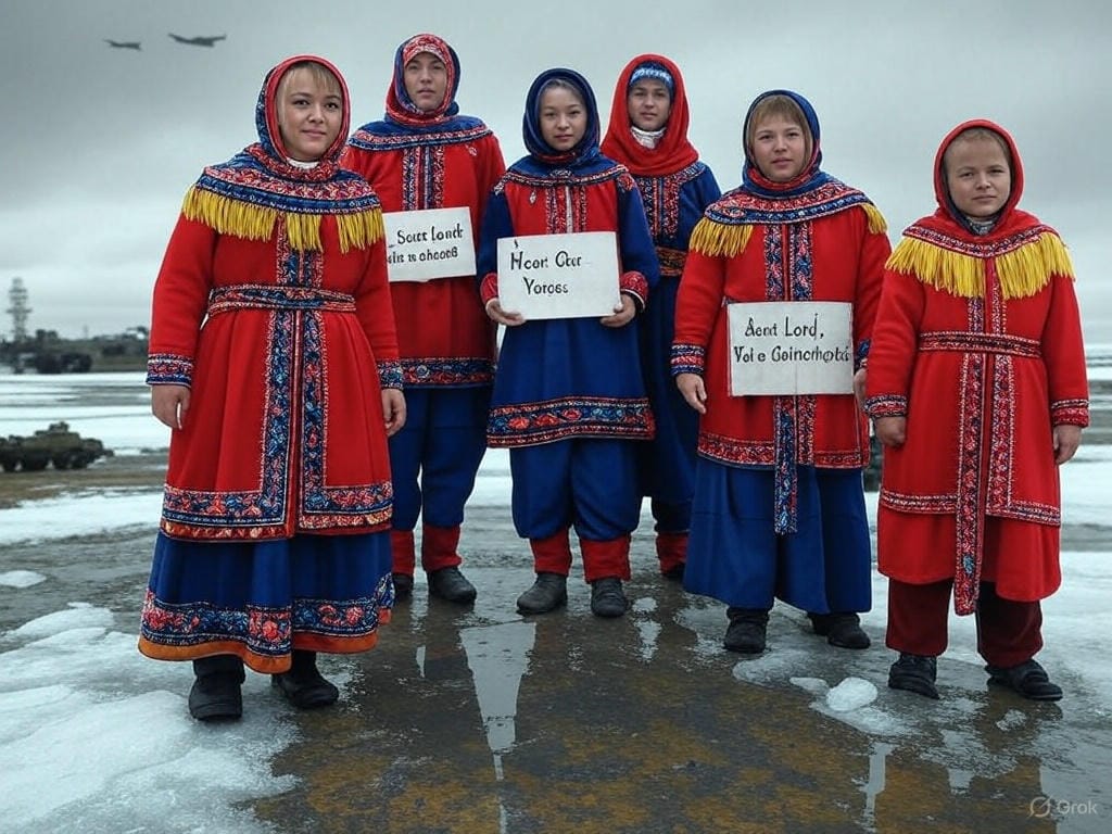 poignant, semi-realistic digital painting set in the Arctic tundra on April 5, 2025, capturing the Sámi struggle for recognition amid rising militarization tensions. Depict a small group of Sámi individuals—men, women, and children—standing resiliently in traditional gákti clothing with vibrant red, blue, and yellow patterns, holding hand-painted signs reading ‘Sámi Land, Not a Battlefield’ and ‘Hear Our Voices’ in both Sámi and English. In the background, show a stark contrast: a pristine snowscape marred by a looming military base with radar towers and armored vehicles, their shadows stretching ominously over the land, while fighter jets streak across a gray, cloudy sky. Add subtle details—a broken reindeer sled, a fading traditional drum buried in snow, and a faint aurora borealis hinting at cultural heritage under threat. Include environmental touches like melting ice patches and a distressed polar bear observing from a distance, symbolizing the ecological stakes. Style it with a moody, cinematic aesthetic, blending rich earth tones with cold blues, and a soft focus on the Sámi faces to emphasize their strength and dignity against the militarized backdrop