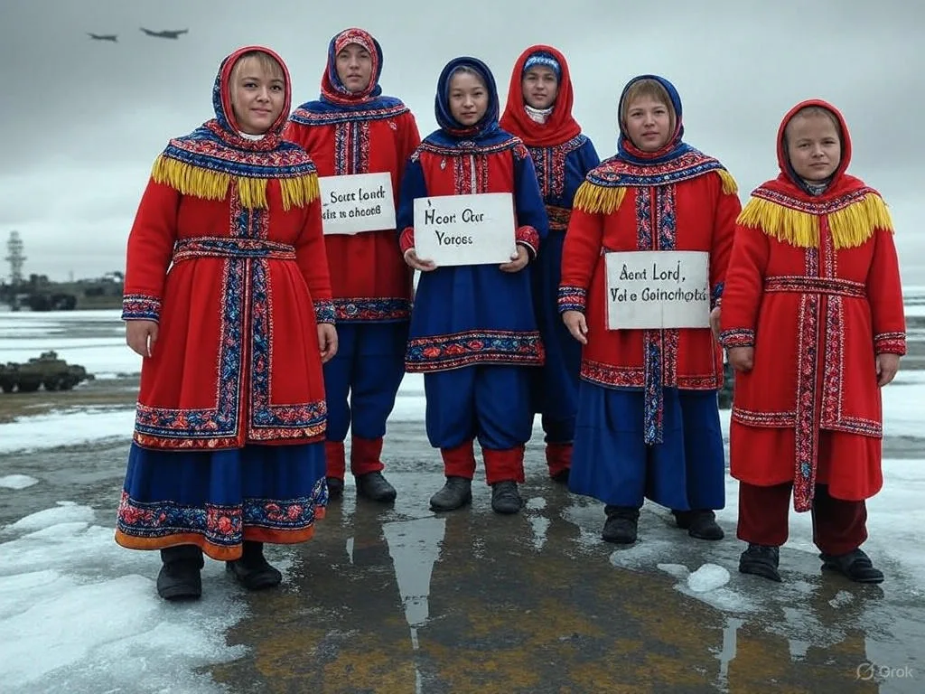 poignant, semi-realistic digital painting set in the Arctic tundra on April 5, 2025, capturing the Sámi struggle for recognition amid rising militarization tensions. Depict a small group of Sámi individuals—men, women, and children—standing resiliently in traditional gákti clothing with vibrant red, blue, and yellow patterns, holding hand-painted signs reading ‘Sámi Land, Not a Battlefield’ and ‘Hear Our Voices’ in both Sámi and English. In the background, show a stark contrast: a pristine snowscape marred by a looming military base with radar towers and armored vehicles, their shadows stretching ominously over the land, while fighter jets streak across a gray, cloudy sky. Add subtle details—a broken reindeer sled, a fading traditional drum buried in snow, and a faint aurora borealis hinting at cultural heritage under threat. Include environmental touches like melting ice patches and a distressed polar bear observing from a distance, symbolizing the ecological stakes. Style it with a moody, cinematic aesthetic, blending rich earth tones with cold blues, and a soft focus on the Sámi faces to emphasize their strength and dignity against the militarized backdrop