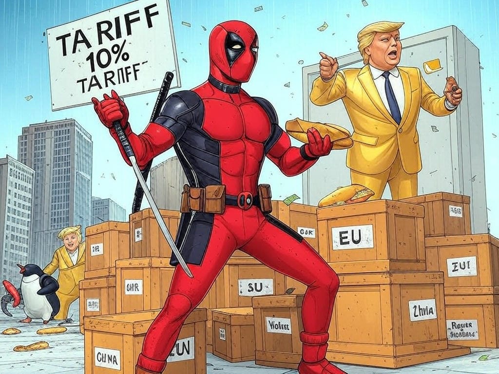 Create a chaotic, comic-book-style scene featuring Deadpool in his red suit, wielding katanas, standing atop a pile of tariff-stamped shipping crates labeled 'China,' 'EU,' and 'Vietnam.' He’s smirking and holding a chimichanga in one hand, while behind him, Donald Trump in a golden suit dramatically points at a giant '10% Tariff' sign. In the background, a panicked penguin in a tiny suit waddles away from an exploding Walmart, clutching a fish. Add a crumbling Wall Street skyline with dollar bills raining down, and sprinkle in some X-style speech bubbles with phrases like 'Girl, the tariffs…' and 'Penguin Power!' Make it colorful, absurd, and over-the-top, with a gritty Deadpool vibe.