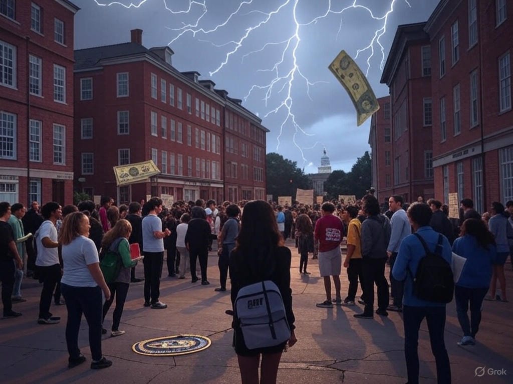 Create a dramatic and symbolic digital illustration depicting the tense standoff between Harvard University and the Trump administration over university autonomy and international student eligibility. The scene should feature the iconic Harvard Yard with its historic brick buildings and gates, shrouded in a stormy sky with dark clouds and flashes of lightning to symbolize conflict. In the foreground, show a determined Harvard University emblem (shield with 'Veritas') standing firm, surrounded by a diverse group of international students holding books and protest signs, representing the 6,793 affected students. Overlay this with a shadowy figure of Homeland Security Secretary Kristi Noem, holding a stern letter with the DHS seal, her silhouette blending into a background of frozen dollar bills ($2.2 billion) raining down, symbolizing the funding freeze. Add subtle elements like a cracked SEVP certification badge and a faint outline of the U.S. Capitol, hinting at government pressure. Use a color palette of deep reds and grays for tension, with gold accents for Harvard’s prestige, and ensure a cinematic, high-contrast style to grab attention and evoke curiosity—perfect for a clickable article headline like 'DHS Threatens to Revoke Harvard’s Eligibility to Host Foreign Students.