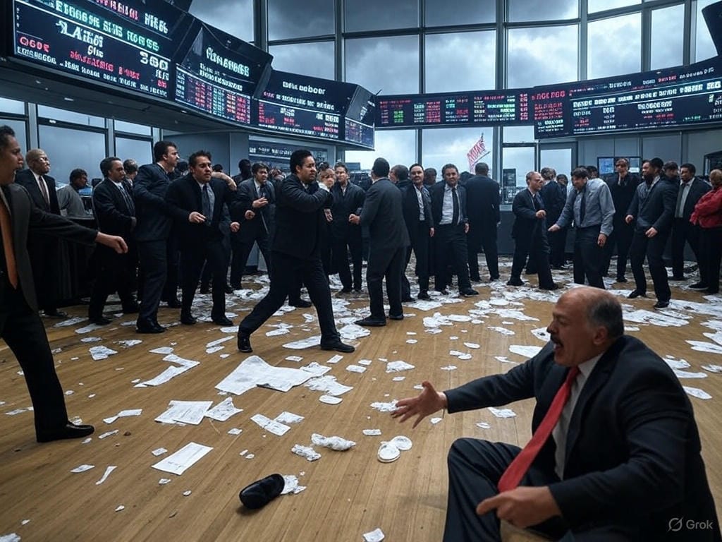 vivid, cinematic depiction of a stock market crash on April 3, 2025, inspired by the chaos following U.S. tariff announcements. Show a bustling Wall Street trading floor in disarray: frantic traders in suits shouting and gesturing wildly, their faces etched with panic and exhaustion. Papers and coffee cups litter the ground, screens glow red with plummeting numbers—Dow Jones down 1,200 points, Nasdaq sinking 4.5%. In the background, a massive digital ticker flashes crashing stock prices for Apple (-10%), Tesla (-4.5%), and Nvidia (-6%), with jagged downward arrows piercing the scene. Dark storm clouds loom outside the windows, casting an ominous shadow over the room, while a faint American flag droops in the corner, symbolizing economic strain. Use a gritty, high-contrast style with bold reds, grays, and blacks to capture the tension and despair of a market reeling from uncertainty