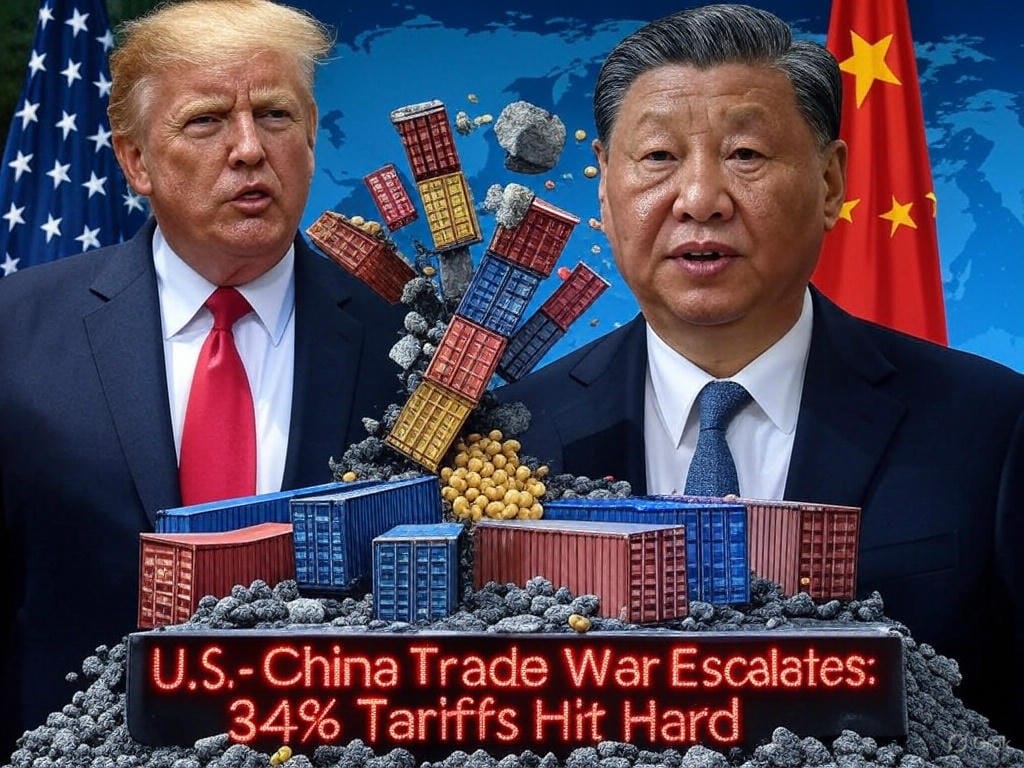 dramatic, editorial-style illustration depicting the escalating U.S.-China trade war on April 4, 2025, following Trump's tariff announcements and China's retaliatory 34% tariff on American goods. Show a split scene: on the left, a stern President Donald Trump standing at a podium in the White House Rose Garden, announcing 'Liberation Day' tariffs, with a U.S. flag and a chart showing a 10% universal tariff rate in the background. On the right, a Chinese official in Beijing addressing a press conference, with a red Chinese flag and a bold '34% Tariff on U.S. Goods' graphic. Between them, a jagged divide filled with symbols of trade—shipping containers, iPhones, and soybeans—crumbling under the weight of tariff barriers. In the foreground, a digital stock market ticker glows red, displaying a Dow Jones drop of 1,200 points and a chaotic graph with downward arrows. Use a tense color palette of deep reds, blues, and grays to reflect the high stakes, with a faint global map in the background showing trade routes in disarray. Add a bold text overlay in a news-style font that reads 'U.S.-China Trade War Escalates: 34% Tariffs Hit Hard' to draw viewers into the stor