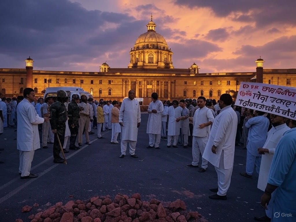 Create a dramatic, cinematic scene set in New Delhi on April 5, 2025, capturing the aftermath of the Waqf (Amendment) Bill 2025 passing in India’s Parliament. Depict the iconic Parliament House at dusk, its dome glowing faintly against a stormy sky with streaks of orange and purple. In the foreground, show a diverse crowd of protesters—men and women in traditional attire, holding banners with bold Hindi and English slogans like ‘Save Waqf Rights’ and ‘No to State Control.’ Some wave Indian flags, others clutch legal documents symbolizing the Supreme Court challenge. To the side, include a tense standoff: a line of police in riot gear facing the crowd, shields up, while a few MPs in crisp kurtas and Nehru jackets argue heatedly near a news van with microphones thrust forward. Add subtle details—a torn poster of the Waqf Bill fluttering on the ground, a TV screen flashing ‘Waqf Bill Passed: 128-95,’ and a sense of chaos and passion in the air. Style it with a gritty, realistic aesthetic, blending photojournalism vibes with a touch of dramatic lighting to highlight the stakes.