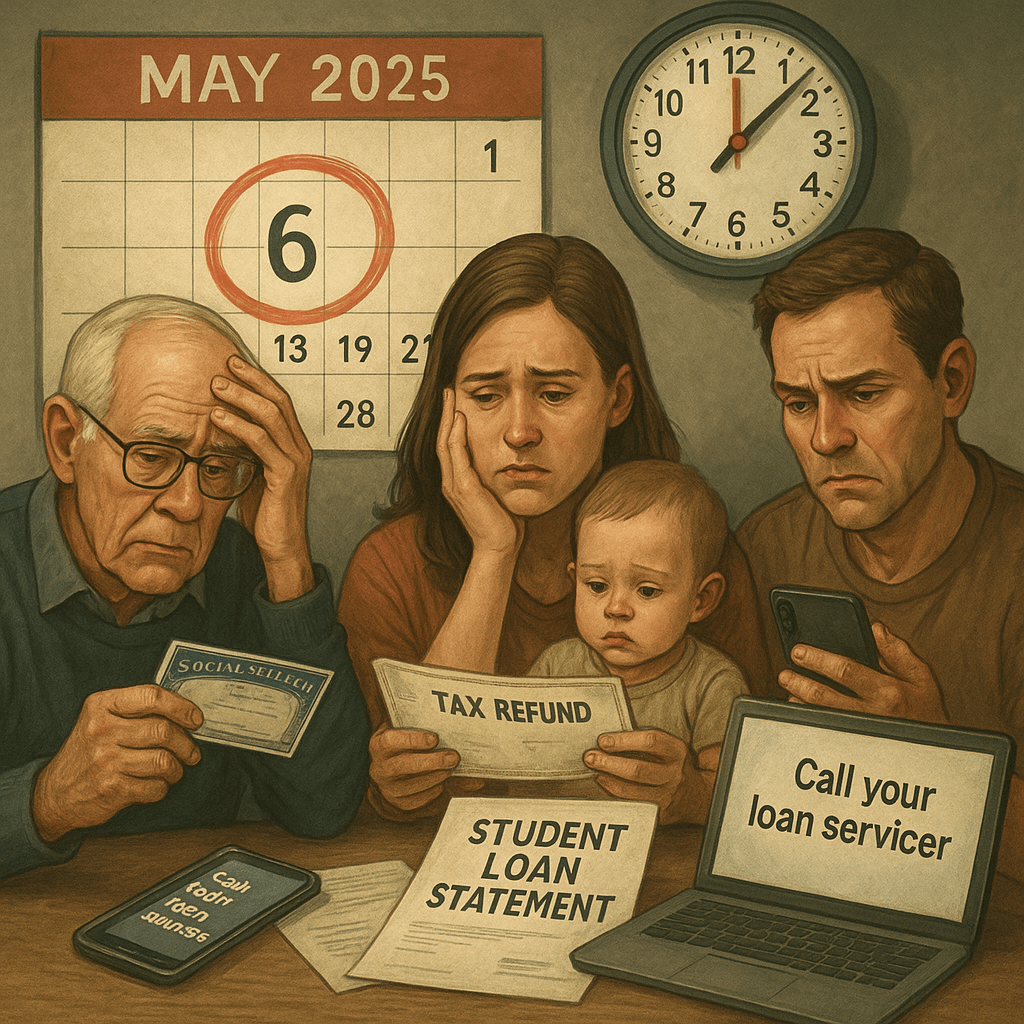 Create a powerful and emotionally resonant image that captures the urgency and financial stress faced by millions of student-loan borrowers who risk losing their Social Security benefits and tax refunds if they don’t act by the May 6, 2025, deadline. The image should feature a diverse group of people, including an elderly retiree, a young parent, and a middle-aged worker, all looking worried or distressed while holding or looking at their Social Security cards, tax refund checks, and student loan statements. Include a large calendar in the background with May 6, 2025, circled in red, and a clock showing time running out, like 11:59 PM. Add subtle elements suggesting a solution, such as a phone with the message 'Call your loan servicer' or a computer screen displaying 'Enroll in repayment plan.' The overall tone should be somber yet empowering, emphasizing both the urgency and the possibility of taking action. Use a realistic or semi-realistic style, with a color palette of muted tones and red accents for urgency, to evoke empathy and encourage action.