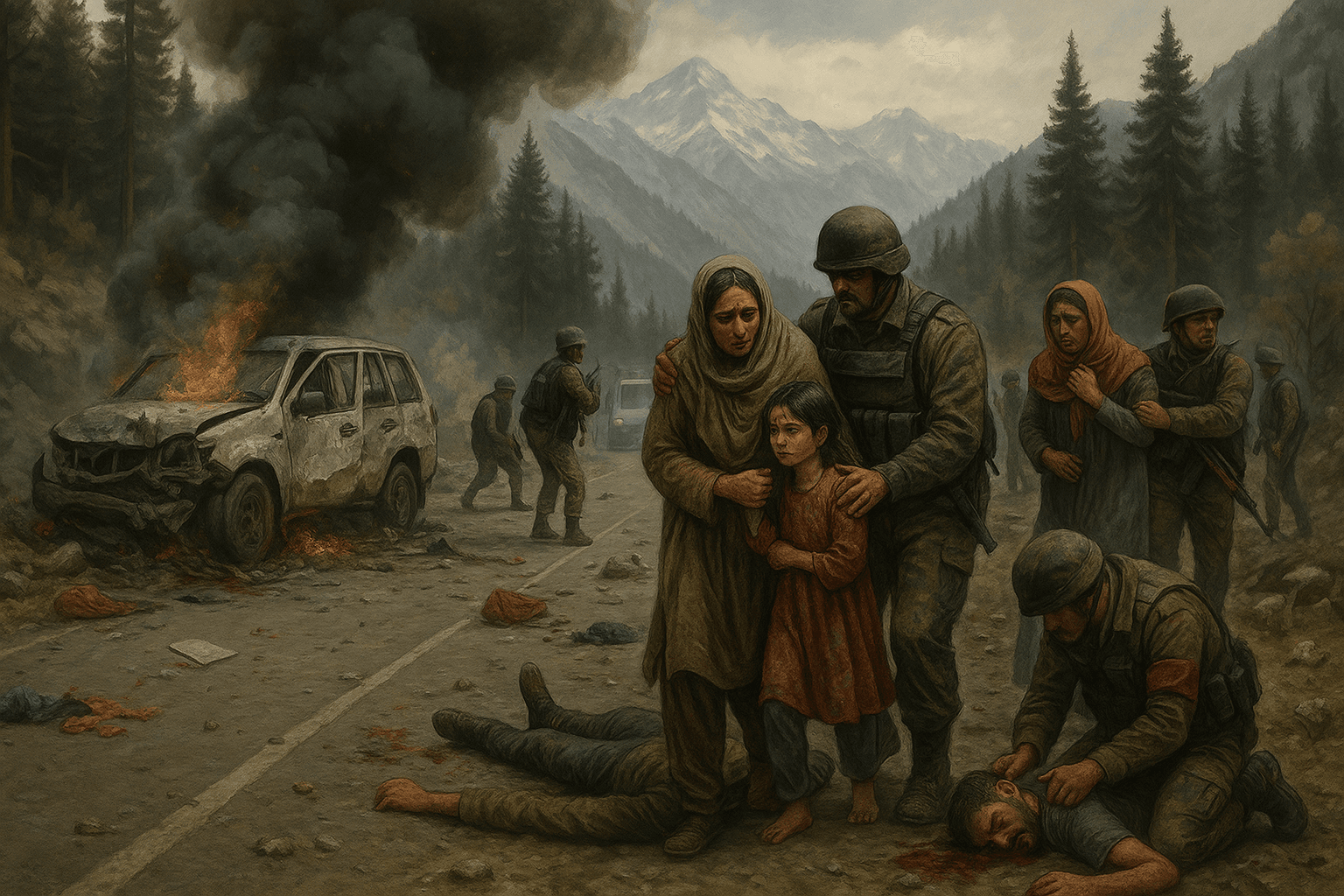 "Create a realistic and emotionally impactful illustration depicting the aftermath of the latest terrorist attack in Pahalgam, India. Show a quiet, mountainous landscape disrupted by chaos — smoke rising from a damaged vehicle on a rural road, scattered belongings, and emergency responders attending to the wounded. Include hints of the natural beauty of Pahalgam — pine trees, mountains in the background — to contrast the serenity with the violence. Feature distressed civilians, including women and children, being guided to safety by security personnel. Use a subdued color palette with grays and browns to reflect grief and tension, with subtle splashes of red to indicate urgency and danger. The image should evoke a sense of sorrow, resilience, and the high human cost of violence, without being overly graphic."