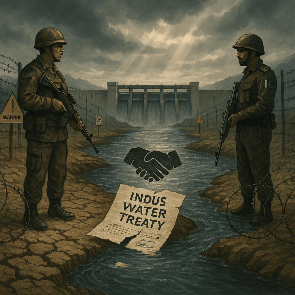 "Create a dramatic and realistic illustration symbolizing the suspension of the Indus Water Treaty between India and Pakistan. Depict a once-thriving river (representing the Indus) now partially dried up or dammed, with cracked earth on one side and a tense, watchful military presence on both banks — Indian and Pakistani soldiers facing each other across the water. Show barbed wire, warning signs, and a dam or water control structure in the background, symbolizing control and conflict over water resources. Include symbolic elements like a broken handshake or torn treaty paper drifting down the river. Use a muted, tense color palette — greys, browns, and dark blues — to reflect geopolitical tension, with beams of light or clouds hinting at uncertain futures. The image should evoke conflict, urgency, and the crucial role of water in peace and diplomacy