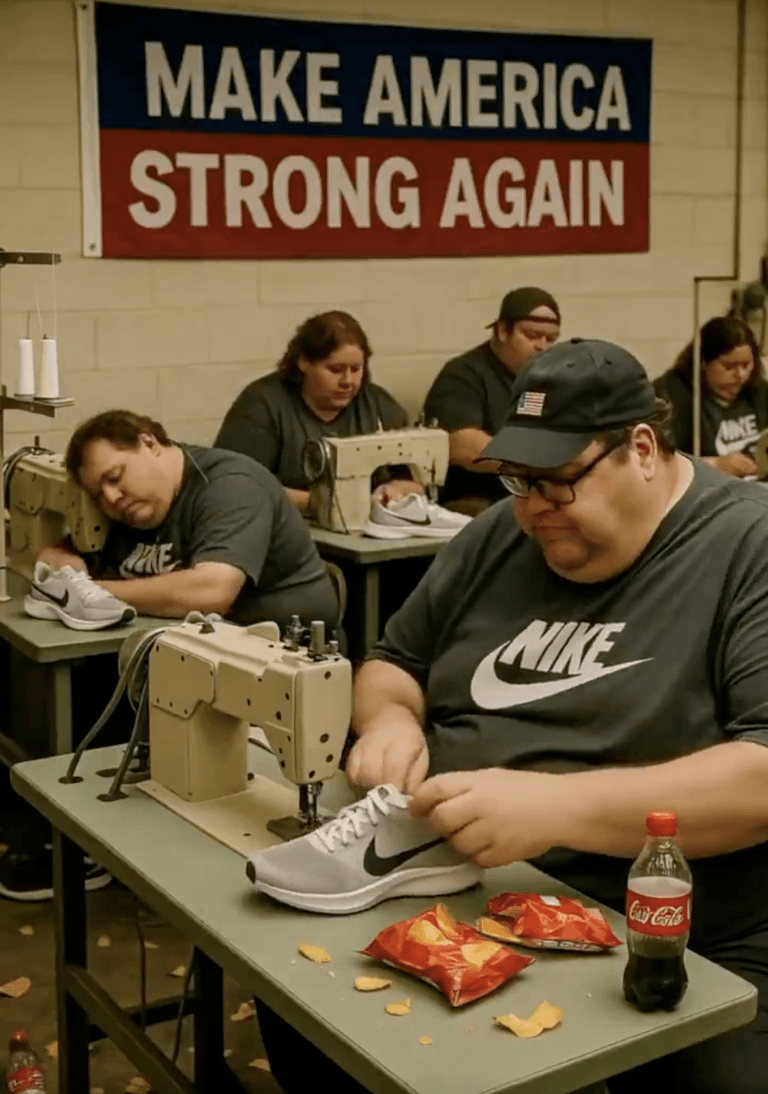 A screenshot of an AI-generated video shared on social media depicting U.S. manufacturing workers.