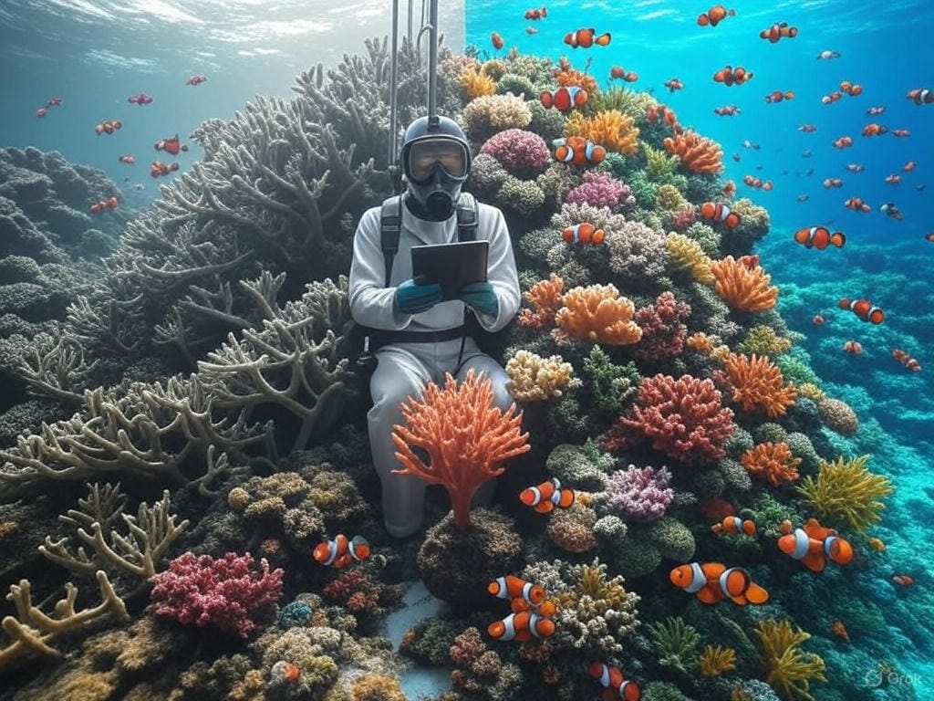 Create a detailed illustration of a 2025 bioengineered coral restoration breakthrough set in the Great Barrier Reef. Show a split underwater scene: on the left, depict a bleached, dying coral reef with gray, barren corals and sparse marine life, symbolizing the impact of climate change. On the right, illustrate a vibrant, restored reef teeming with colorful corals, clownfish, and other marine life, showcasing the success of bioengineered coral polyps. In the center, include a scientist in underwater gear, holding a tablet to represent AI monitoring, planting a glowing coral polyp to symbolize CRISPR gene editing. Add local fishers or divers assisting nearby, emphasizing community involvement. The scene should be set in clear, turquoise waters with sunlight filtering through, using muted grays for the dying side and bright blues, greens, and corals for the restored side, to evoke a hopeful yet urgent tone. The style should be realistic with a slightly futuristic touch, reflecting the innovative science of 2025