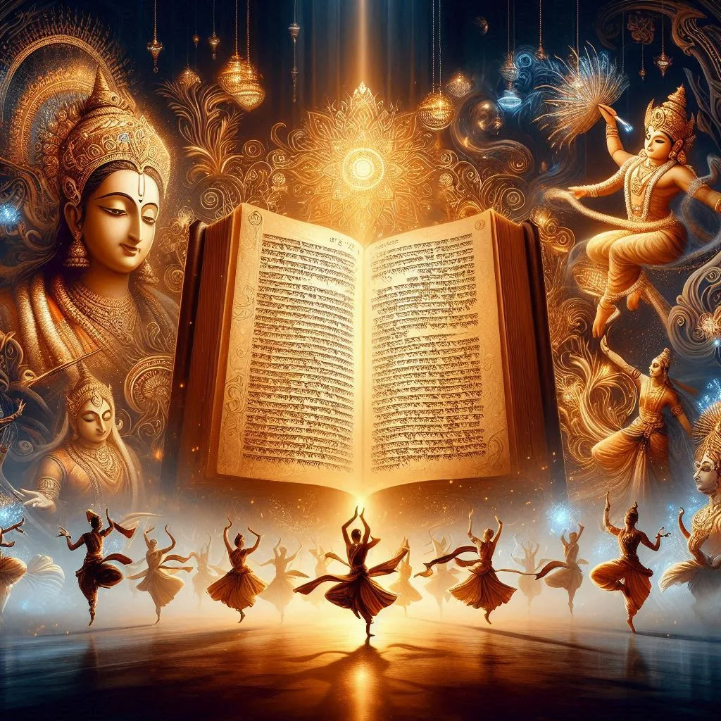 "Create a visually stunning artwork celebrating the inclusion of the Gita and Natyashastra in UNESCO’s Memory of the World Register. Depict an ethereal scene blending the Bhagavad Gita and Natyashastra—show an ancient manuscript of the Gita with glowing Sanskrit verses illuminated in golden light. Surround it with images of Indian classical dance forms inspired by the Natyashastra, such as Bharatnatyam and Kathak, portrayed by elegantly dressed dancers in mid-performance. The backdrop features iconic Indian motifs, rich cultural patterns, and a soft sunrise symbolizing the wisdom of India inspiring the world.