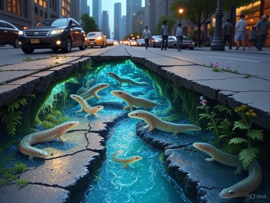 Create a photorealistic digital illustration depicting a cross-section of a modern city street, revealing a hidden 'ghost stream' flowing beneath the concrete. Above ground, show bustling urban life: cars, pedestrians, and skyscrapers. Below ground, visualize a glowing subterranean river teeming with life—bioluminescent moss lining the tunnel walls, translucent salamanders climbing rocks, and eels swimming through crystal-clear water. Include cracks in the pavement where ferns and wildflowers burst through, symbolizing nature reclaiming space. Use cool blue-green tones for the underground ecosystem, contrasting with warm, muted city grays above. Add subtle details like a streetlight illuminating a grate where water seeps below, and birds gathering near a seepage point. Style: Hyper-detailed, atmospheric, with a touch of surrealism to emphasize the hidden ecological world.