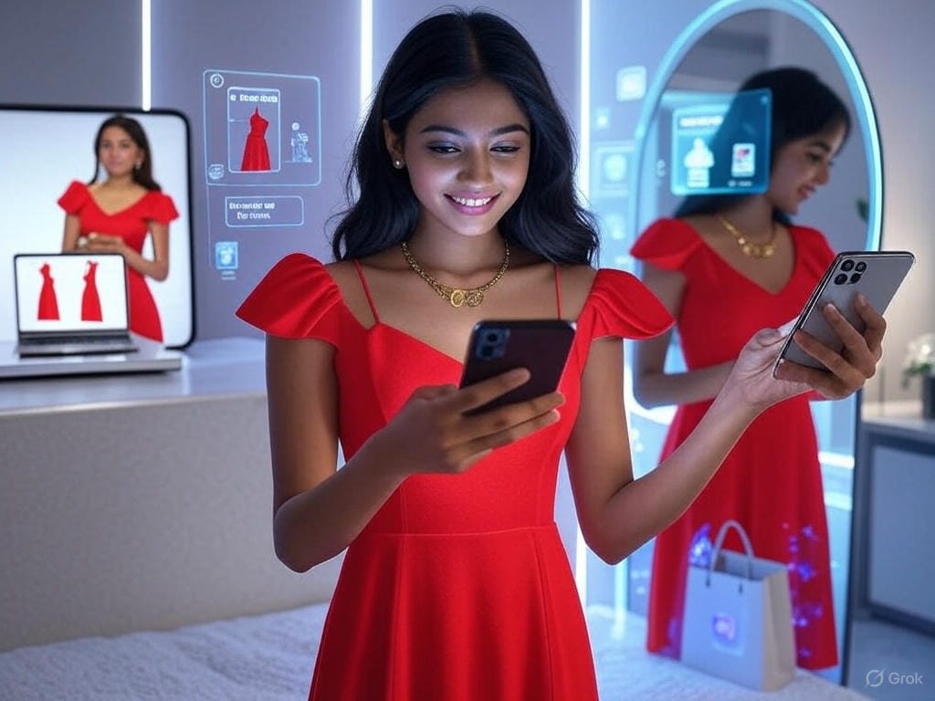 Create a photorealistic digital illustration depicting a futuristic online shopping experience with virtual try-on technology in 2025. Show a split scene: on the left, a traditional online shopping setup with a laptop displaying a static image of a vibrant red dress on a white background, symbolizing the old way. On the right, a young Indian woman in her 20s stands in a sleek, modern room with LED lighting, smiling as she uses her smartphone to virtually try on the same red dress via an AR app. The dress is overlaid on her body as a holographic projection, with glowing blue AI graphics (like digital patterns or scanning lines) around her, emphasizing the technology. She also tries on a virtual gold necklace, with the accessory glowing subtly to show the AR effect. In the background, include a smart mirror reflecting her image with the virtual outfit. Add subtle details like a shopping bag on the floor and a notification on her phone saying ‘Perfect Fit!’ The scene uses vibrant colors for the dress and accessories, contrasted with a futuristic palette of silvers, whites, and neon blue accents for the tech elements, evoking a blend of fashion and innovation.
