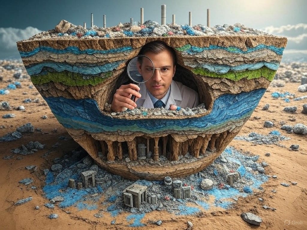 Create an illustration for the Silurian Hypothesis, showing a cross-section of the Earth’s crust with layers representing different geological periods. The top layer depicts a modern human city with industrial smokestacks, plastic waste, and deforestation, symbolizing current technosignatures. Below, in successive ancient layers, illustrate remnants of hypothetical advanced civilizations, such as eroded structures, fossilized machinery, and anomalous sediment bands or chemical deposits suggesting past industrial activity. Include a scientist examining one of these ancient layers with curiosity, using tools like a magnifying glass or analyzing data, to emphasize the search for evidence of pre-human civilizations. The image should convey the concept of deep time and the challenge of detecting ancient technological societies in the geological record, with a realistic and thought-provoking tone. Use earthy tones (browns, grays) for the geological layers and brighter accents (greens, blues) for modern elements, to highlight the contrast and evoke scientific wonder