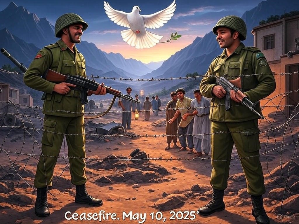 Create a symbolic and hopeful illustration depicting the India-Pakistan ceasefire on May 10, 2025, following Operation Sindoor. Show a serene evening scene along the Line of Control (LoC), with a rugged mountainous landscape under a twilight sky transitioning from deep blues to soft oranges. In the foreground, illustrate two soldiers—one Indian and one Pakistani—standing on either side of a barbed wire barrier, lowering their rifles in a gesture of peace, with a faint smile of relief. Above them, a white dove flies, carrying an olive branch, symbolizing peace. In the background, include a damaged village with civilians cautiously emerging, some holding lanterns, symbolizing hope and recovery. Add subtle elements of the conflict’s aftermath, like a broken tank and scattered debris, but keep the focus on renewal. Include text at the bottom: 'Ceasefire: May 10, 2025,' in a simple, elegant font. Use a color palette of twilight blues, warm oranges, and soft whites to convey calm, hope, and reconciliation, ensuring the scene feels peaceful and respectful, avoiding any graphic depictions of violence