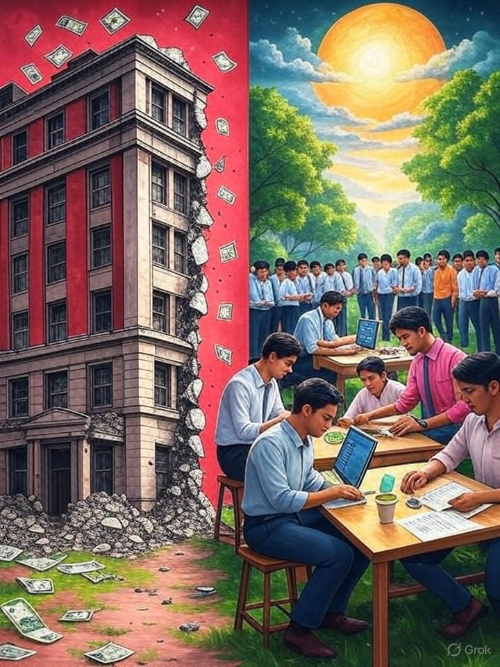 Create a powerful digital illustration for an article titled "The Collapse of Western Education and the Rise of a New Global Order: A Prediction for 2030 and Beyond." The image should depict the decline of Western education systems and the rise of a skills-based future in India. Show a crumbling Ivy League university (like Harvard) with a faded degree certificate being torn apart, surrounded by printed US dollars falling like confetti to symbolize the collapse of the dollar-based system. In contrast, highlight a vibrant Indian setting with students learning practical skills (like coding, entrepreneurship, and craftsmanship) under a rising sun, symbolizing a new era of prosperity. Include a subtle image of a visa line with Westerners waiting for Indian visas, reflecting India’s growing global influence. Use a dramatic color palette of deep reds and grays for the collapsing West, and bright golds and greens for the rising East, ensuring a clean and impactful style suitable for a geopolitical article.
