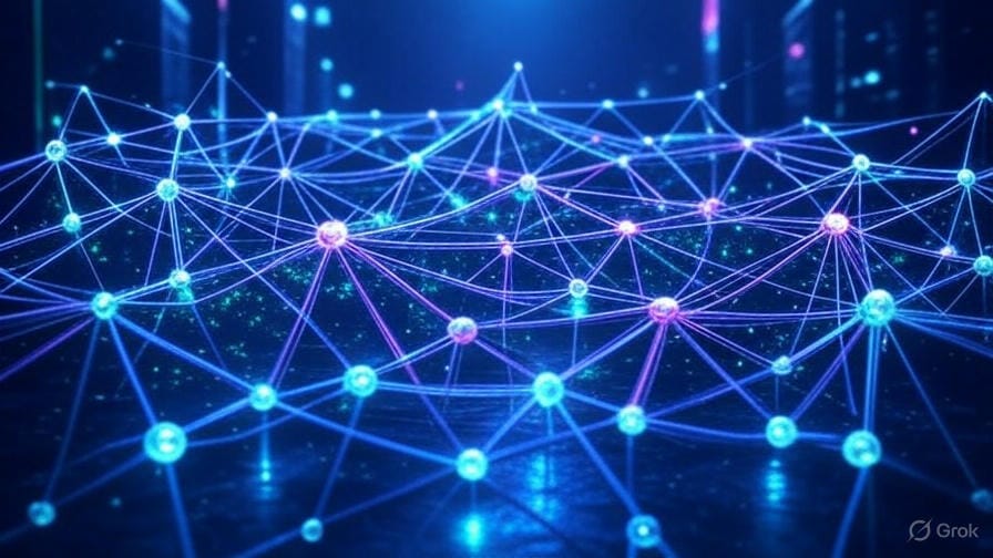 Create a futuristic digital illustration for an article about quantum-resistant cryptography in Decentralized Finance (DeFi). The image should depict a secure blockchain network with glowing, interconnected nodes forming a lattice structure, symbolizing quantum-resistant algorithms like lattice-based cryptography. Include subtle elements of DeFi, such as a decentralized exchange interface or smart contract icons, in a sleek, neon-lit cyberpunk aesthetic. Add a faint quantum computer in the background emitting qubits (visualized as glowing particles) to represent the quantum threat. Use a color palette of deep blues, purples, and vibrant greens to evoke a high-tech, secure atmosphere. Ensure the image is clean, modern, and visually striking, suitable for a YouTube thumbnail or article header.
