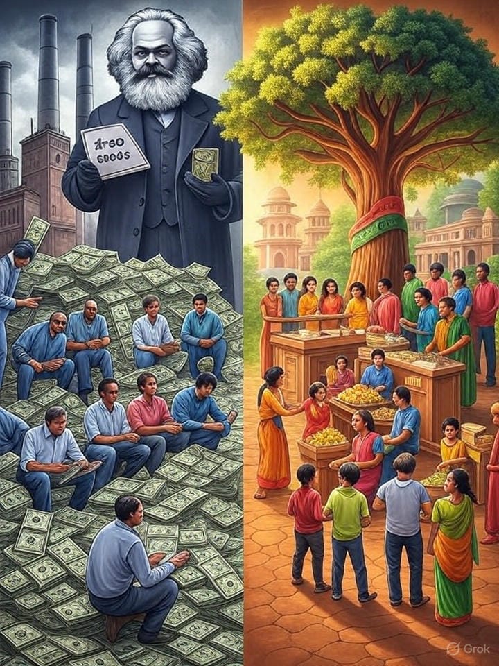 Prompt for Image Generation: Create a thought-provoking digital illustration for an article titled "Sanatan Economics: A Preventive Model to Counter Extreme Capitalism and Communism." The image should contrast the exploitative Western economic model with the empowering Sanatan Economics framework. On one side, depict a grim scene of extreme capitalism: a factory with disconnected workers in a division of labor system, surrounded by piles of printed dollars and a looming shadow of Karl Marx holding "free seeds," symbolizing the rise of communism as a response. On the other side, illustrate a vibrant Indian community under the Sanatan Economics model: families and communities collaboratively creating end products, exchanging goods in a barter system, and learning entrepreneurial skills in a Gurukul setting under a protective tree, with a golden glow symbolizing prosperity and harmony. Use a stark color palette of dark grays and reds for the Western side, and warm golds, greens, and blues for the Sanatan side, ensuring a clean and impactful style suitable for an economic and cultural critique article.