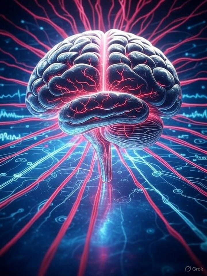Prompt for Image Generation: Create a futuristic digital artwork for an article titled "The Convergence of Brain-Inspired Computing: How Neuromorphic Systems and Hybrid Neural Networks Are Reshaping AI's Future." The image should depict a glowing, brain-like structure at the center, with intricate neural patterns radiating outward, symbolizing neuromorphic systems. Surround the brain with holographic layers of hybrid neural networks, visualized as interconnected nodes and circuits in a sleek, cybernetic design. Incorporate futuristic AI elements, such as floating data streams or robotic arms interacting with the neural structure, to represent AI's evolution. Use a color palette of electric blues, soft purples, and hints of silver to create a high-tech, sci-fi atmosphere. Add subtle brainwave patterns in the background to emphasize the brain-inspired theme. Ensure the image is dynamic, modern, and visually captivating, ideal for a tech article header or YouTube thumbnail.