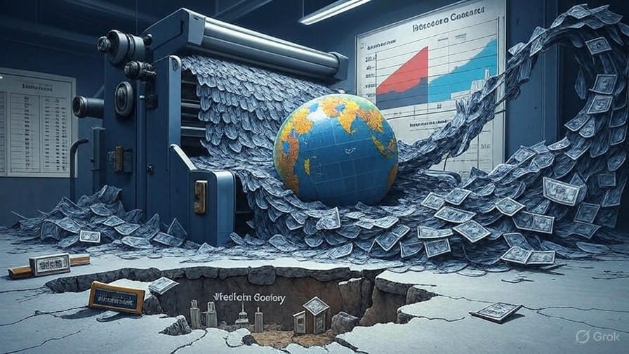 Create an image that visually represents the concept of financial colonialism and the critique of Western economic dominance outlined in the article. Depict a metaphorical scene where a large, imposing printing press labeled "Reserve Currency" (symbolizing the U.S. dollar and euro) looms over a globe, with streams of printed money flowing out and wrapping around various countries, particularly non-Western nations like India and Japan, symbolizing financial control. In the foreground, show a cracked foundation labeled "Western Society," with symbols of eroded family structures (e.g., a broken home) and cultural decay (e.g., scattered books or a faded flag). Include subtle elements like a skewed GDP chart or a report labeled "Narrative Control" to highlight flawed metrics and manipulative tactics. Use a color palette of dark blues and grays for the printing press and money streams to convey dominance, contrasted with vibrant colors for the globe to suggest resilience. Ensure the composition is dynamic, with a sense of tension between the oppressive financial system and the potential for global resistance.