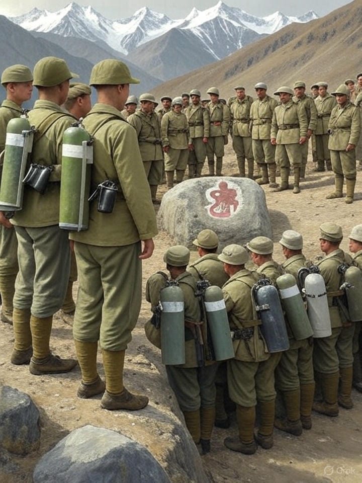 Create an image depicting a historical scene from the 1962 Sino-Indian War, set in the rugged Himalayan landscape. Show Chinese PLA soldiers, some carrying oxygen tanks, facing off against Indian troops in a tense standoff at a high-altitude border post. The background should feature snow-capped peaks and a cloudy sky, emphasizing the harsh terrain. Include subtle cultural elements, like a faded Buddhist symbol on a rock, hinting at the cultural tensions described in the article. The mood should convey conflict and strategic maneuvering, with a focus on the military and geopolitical context of the era.