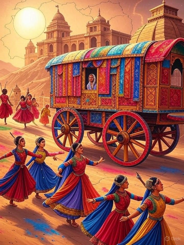 Create a vibrant, symbolic digital illustration for an article titled "Jammu Meets Jerusalem in Jeddah: A Vision for a Thousand-Year Reversal." The image should depict a cultural and historical reconnection between India, Saudi Arabia, and Israel. Show a caravan of colorful Indian festival elements (like Garba dancers, Holi colors, and traditional textiles) traveling from Gujarat’s Somnath temple to Jeddah’s historic port, with a final destination at Jerusalem’s Temple Mount. Include a map-like background with glowing lines connecting Somnath to Kaaba, and Kedarnath to Temple Mount, symbolizing ancient trade routes. Use a warm color palette of golds, reds, and blues to convey hope and unity. Add subtle elements of deradicalization, such as a fading sword transforming into a peace dove, and a rising sun over the Gulf to signify a new era. Ensure the style is clean, inspiring, and suitable for a geopolitics and culture-focused article.