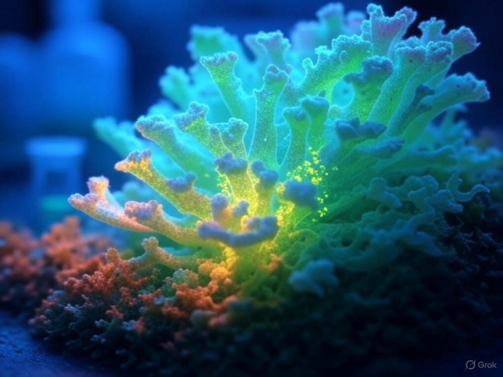 Lab-grown lichen breaking down microplastics under a microscope, glowing with fluorescent markers. Bioluminescent highlights trace enzymatic activity, with microscopic plastic particles visibly disintegrating. Scientific, high-detail, futuristic lab setting, soft focus on glowing structures.