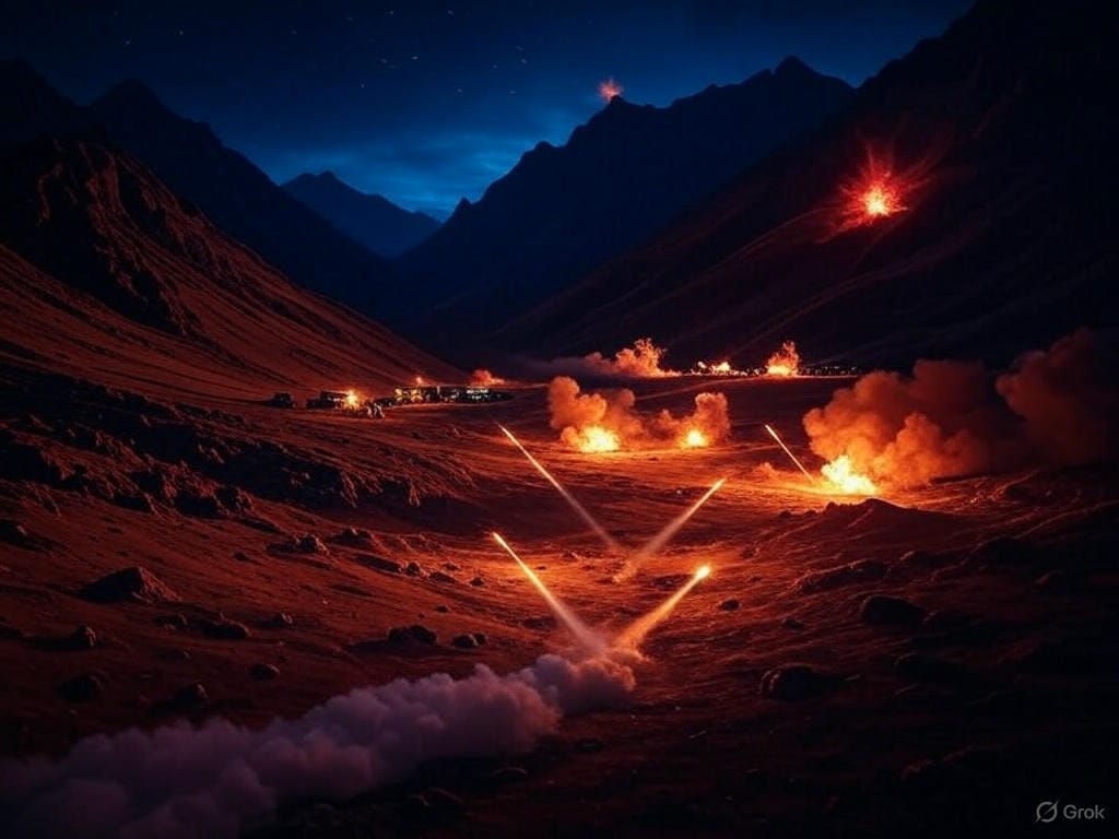Prompt for Image Generation: "Create a dramatic and symbolic illustration depicting India's Operation Sindoor, a military operation on May 7, 2025, targeting terrorist bases in Pakistan and POK. Show a nighttime scene with a starry sky over a rugged mountainous landscape representing the Line of Control (LoC). In the foreground, illustrate precision missile strikes with glowing trails of light hitting distant terrorist camps, marked by small explosions. Include a subtle cultural element: a faint, ethereal outline of a sindoor (vermilion red powder) mark on the ground, symbolizing justice and sacrifice, glowing softly in red hues to honor the victims of the Pahalgam attack. In the background, depict silhouettes of Indian military personnel in a command center, monitoring the operation with high-tech screens showing maps and targets. Use a color palette of deep blues, fiery oranges, and vermilion reds to evoke tension, resolve, and cultural significance. Ensure the scene feels intense yet measured, avoiding overly chaotic or dystopian imagery, and emphasizing India's precision and restraint.
