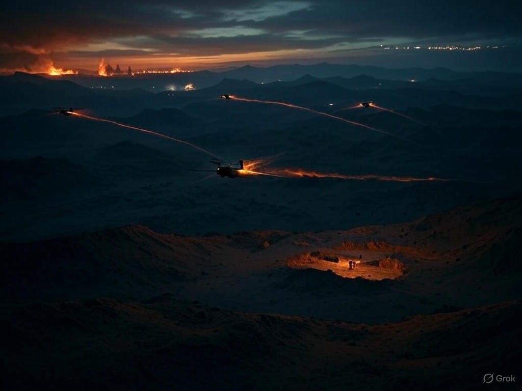 Prompt for Image Generation: "Create a tense and cinematic illustration capturing India’s drone strikes on Pakistan on May 8, 2025, amid escalating tensions. Depict a nighttime scene over a rugged landscape along the Line of Control (LoC), with a dark sky illuminated by the faint glow of stars. In the foreground, show Indian HARPY kamikaze drones mid-flight, leaving glowing trails as they dive toward Pakistani air defense systems, marked by small explosions near a radar facility in Lahore. Include subtle smoke and debris to indicate the impact. In the background, illustrate Pakistani forces attempting to counter the drones, with anti-aircraft fire lighting up the sky. Add a high-tech element: a silhouette of an Indian command center with screens displaying drone trajectories and maps. Use a color palette of deep blues, fiery oranges, and muted grays to convey tension and conflict, while maintaining a sense of precision and control. Ensure the scene feels intense but not chaotic, emphasizing the technological and strategic nature of the strikes, and avoid overly graphic depictions of violence.
