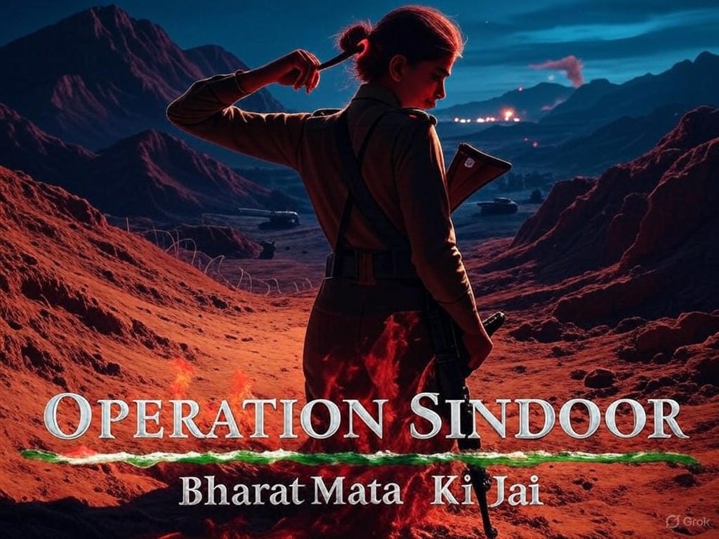 Create a dramatic and symbolic illustration for the announcement poster of the film Operation Sindoor, revealed on May 9, 2025, amid India-Pakistan tensions. Depict a nighttime war-torn scene along the Line of Control (LoC), with a rugged mountainous landscape under a dark sky. In the foreground, show a female Indian soldier in uniform, standing with her back to the viewer, holding a rifle in one hand while applying sindoor (vermilion red powder) to her hair with the other, symbolizing sacrifice and justice. The sindoor glows softly in red hues, creating a subtle ethereal effect. In the background, include military elements like tanks, barbed wire, and fighter jets soaring overhead, with faint explosions lighting up the horizon to reflect the ongoing conflict. Add the film title 'Operation Sindoor' at the bottom, with the second 'O' replaced by a sindoor smear, and the phrase 'Bharat Mata Ki Jai' in tricolour (saffron, white, green) to evoke patriotism. Use a color palette of deep blues, fiery oranges, and vermilion reds to convey tension, courage, and cultural significance, ensuring the scene feels intense yet respectful, avoiding overly graphic violence