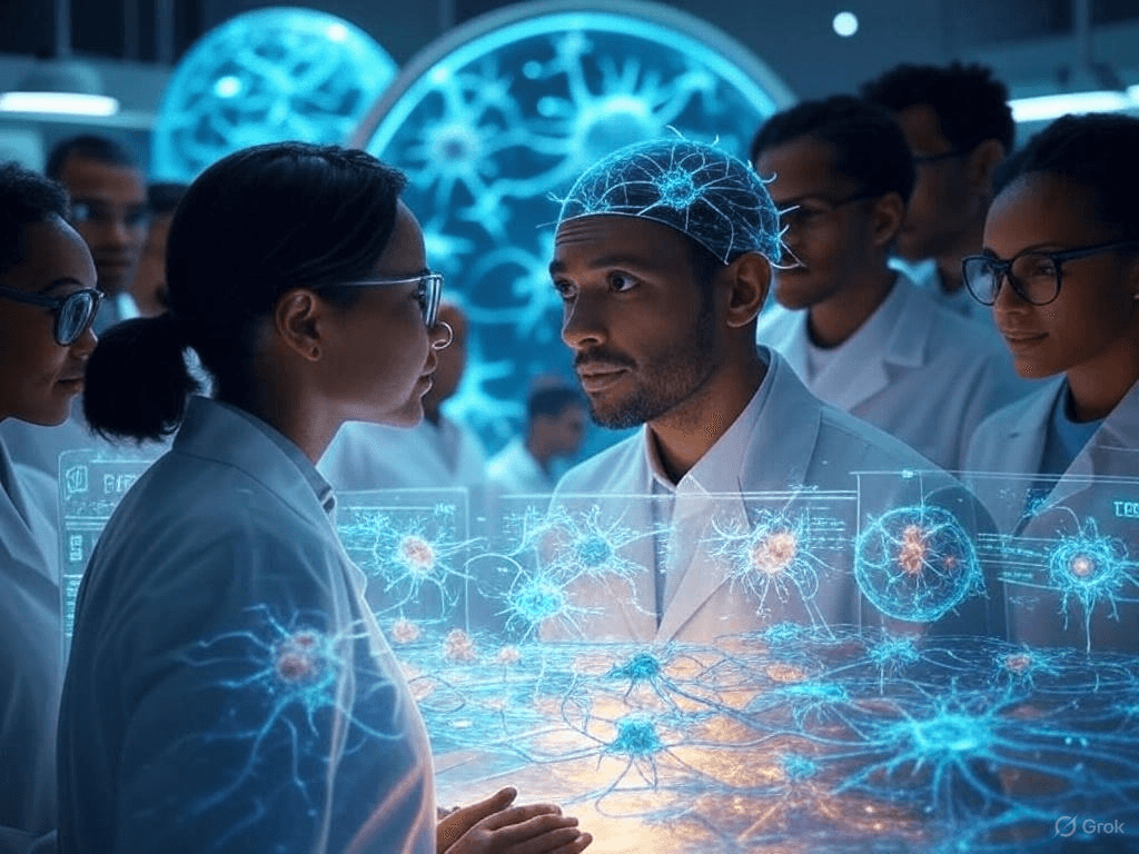 Create a futuristic and inspiring illustration showcasing the unveiling of the 'EchoSync' neural communication technology in 2025. Depict a diverse group of scientists and volunteers in a high-tech laboratory setting, surrounded by glowing holographic displays and advanced neural equipment. In the foreground, feature a person wearing a sleek, non-invasive neural cap with glowing nanosensors, connected to an AI interface displaying vibrant neural patterns and emotional data (e.g., colorful waves representing curiosity or empathy). The atmosphere should feel optimistic and groundbreaking, with a blend of warm and cool tones like soft blues, purples, and golds to symbolize innovation and human connection. Include subtle details like a digital globe or interconnected neural networks in the background to represent global collaboration and the fusion of human and AI consciousness. Ensure the image is detailed, inclusive, and forward-thinking, avoiding any dystopian or invasive imagery