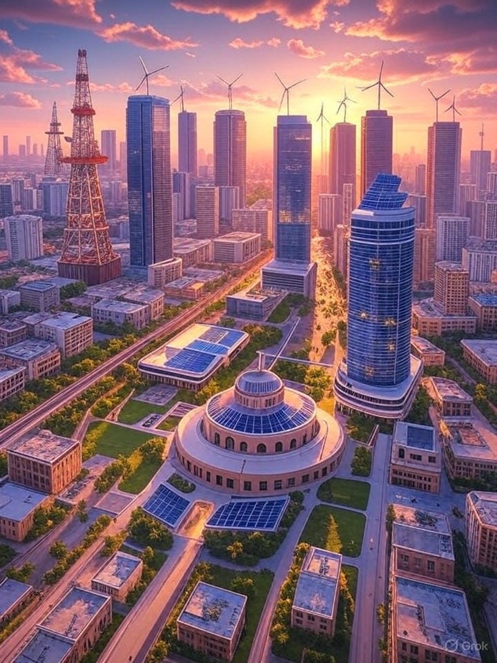Create an image that visually represents the economic transformation of the Middle East as described in the article. Depict a vibrant, futuristic Gulf cityscape transitioning from an oil-based economy to a diversified one. Show iconic oil rigs fading into the background, while foreground elements include modern factories, solar panels, hydrogen fuel stations, and bustling tourism hubs with cultural landmarks like yoga centers. Incorporate symbols of global trade, such as a mix of currencies (excluding the US dollar) and a subtle nod to the BRICS alliance. The scene should convey optimism, innovation, and a shift toward sustainability, with a warm, dynamic color palette reflecting the region’s energy and ambition.