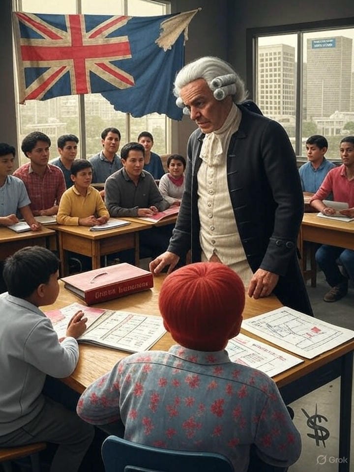 Create an image that visually represents the concept of a "colonial hangover" as described in the article. The scene should depict a metaphorical blend of historical and modern elements, showing the lingering impact of 18th-century colonialism on Western societies. Include symbols like a faded British colonial flag, a Western-style classroom with rote learning materials, and global institutions (e.g., UN or World Bank buildings) stamped with a "Western template" label. Incorporate imagery of economic decline, such as a crumbling dollar sign or a graph showing de-dollarization. Add subtle elements of cultural imposition, like an English dictionary overshadowing indigenous scripts, and a sense of arrogance through a figure in colonial attire looking down on a diverse group of people. The color palette should use muted tones for historical elements (browns, grays) and vibrant contrasts for modern struggles (reds, blues), with a slightly dystopian yet thought-provoking atmosphere.