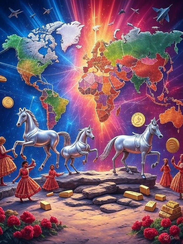 Create a visually striking digital illustration that captures the essence of a blog article discussing global geopolitics, economic shifts, and India's rising influence. The image should depict a vibrant, futuristic world map centered on India, with glowing connections linking it to regions like the UAE, Russia, and Ukraine, symbolizing economic and cultural ties. Incorporate elements like a digital rupee coin, gold bars, and a fading U.S. dollar to represent dedollarization. Include subtle imagery of Indian cultural motifs, such as a silver Chetak horse and traditional Garba dancers, blending with modern symbols like blockchain nodes and military assets (e.g., Rafale jets) to reflect India's strategic and cultural ascendancy. The background should feature a dynamic interplay of light and shadow, with a hopeful, radiant aura around India to signify its role in global peace and economic balance. Use a color palette of deep blues, golds, and vibrant reds to convey energy, optimism, and cultural richness. Avoid any copyrighted elements and ensure the composition is harmonious and balanced.